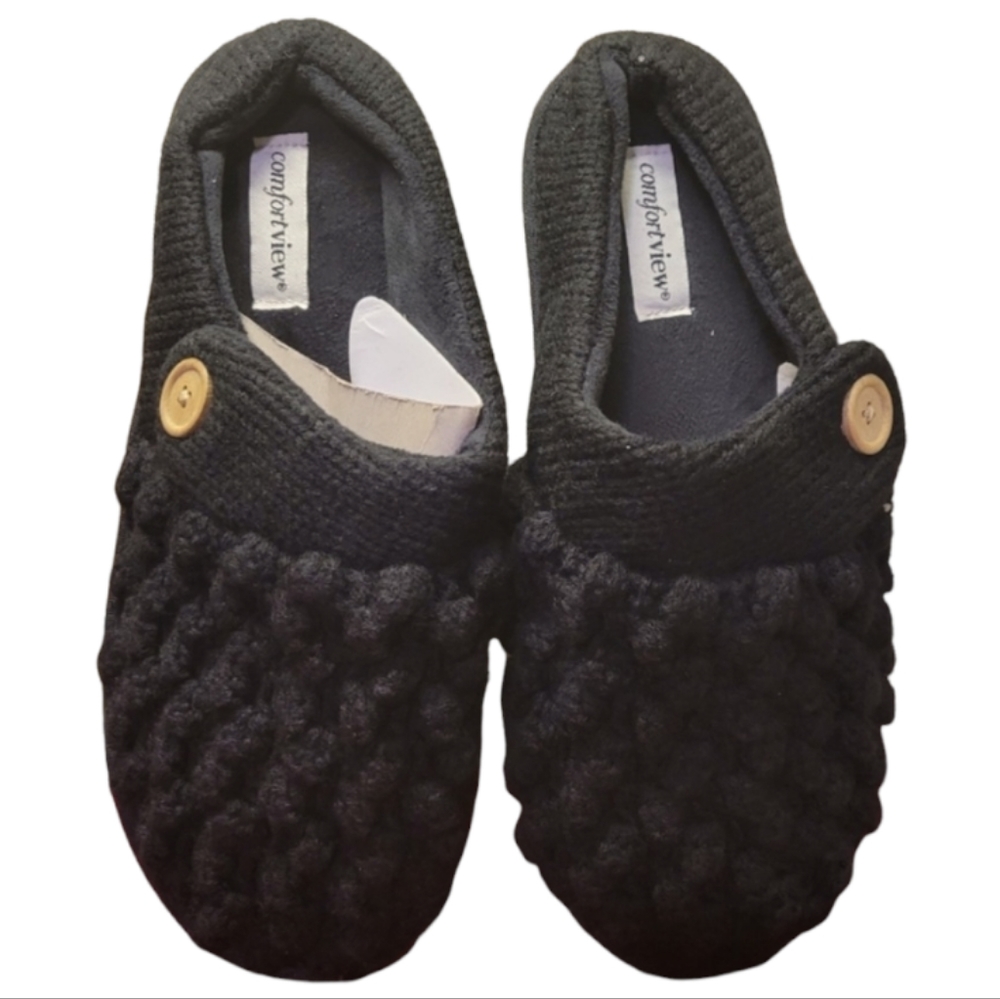 Black Knit Woman's Slippers With Manmade Soles